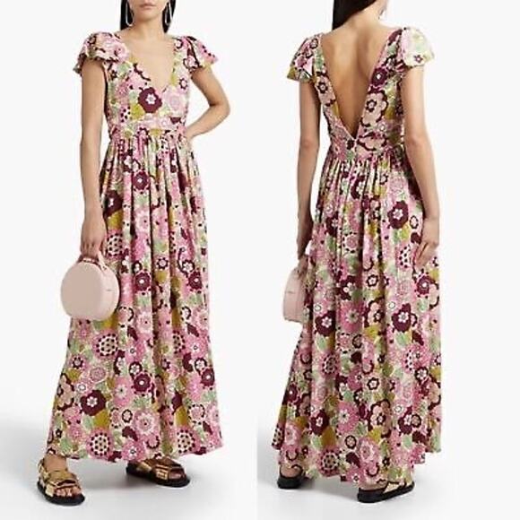 Dodo Bar Or Jenny Floral Print Ruffle Sleeve Maxi Dress Size Small - Picture 1 of 5